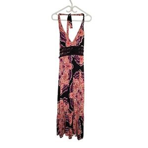 Bisou Bisou Halter Maxi Dress Stretch Boho Paisley Print Open Back Y2K Small